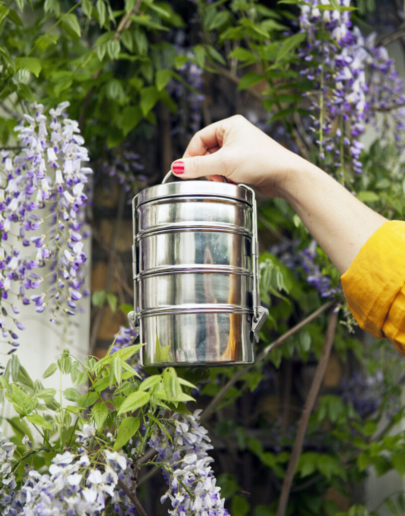 leaves on wall and womans hand in front holding silver tiffin tins