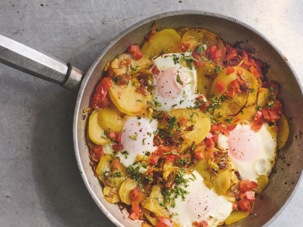 Cooked eggs and potato dish in a steel frying pan