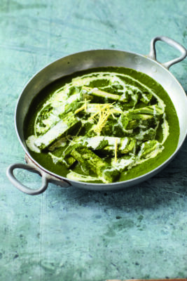 Green cottage cheese paneer dish in green curry.