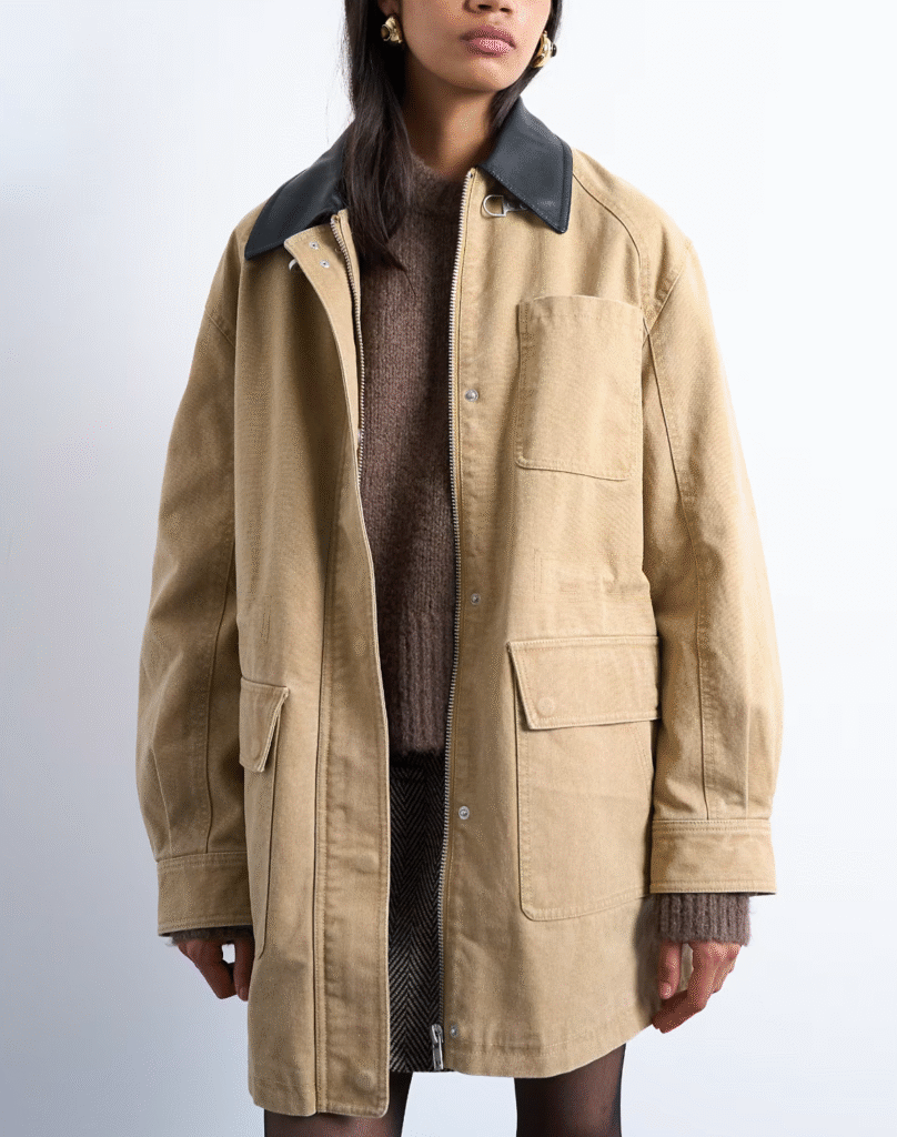 Barn jacket with buckle detail in tan