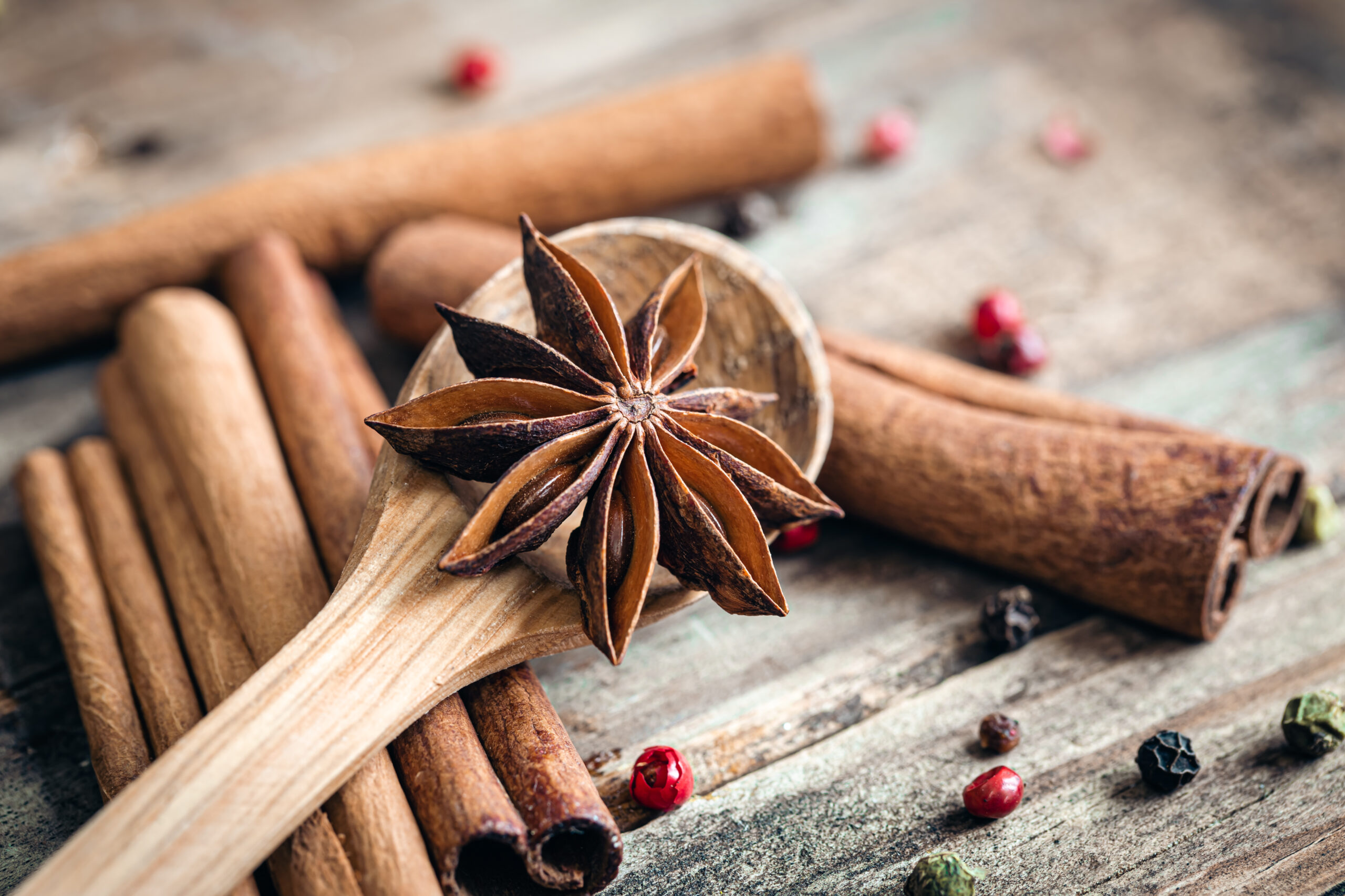 Anise seeds, cinnamon sticks and pink pepper