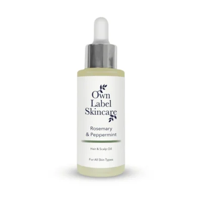 Own Label Skincare Rosemary & Peppermint Oil white bottle with blakc text and greeny light liqyuid