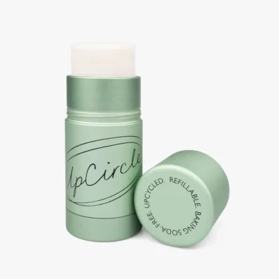 Upcircle cylinder deodorant stick in green packaging