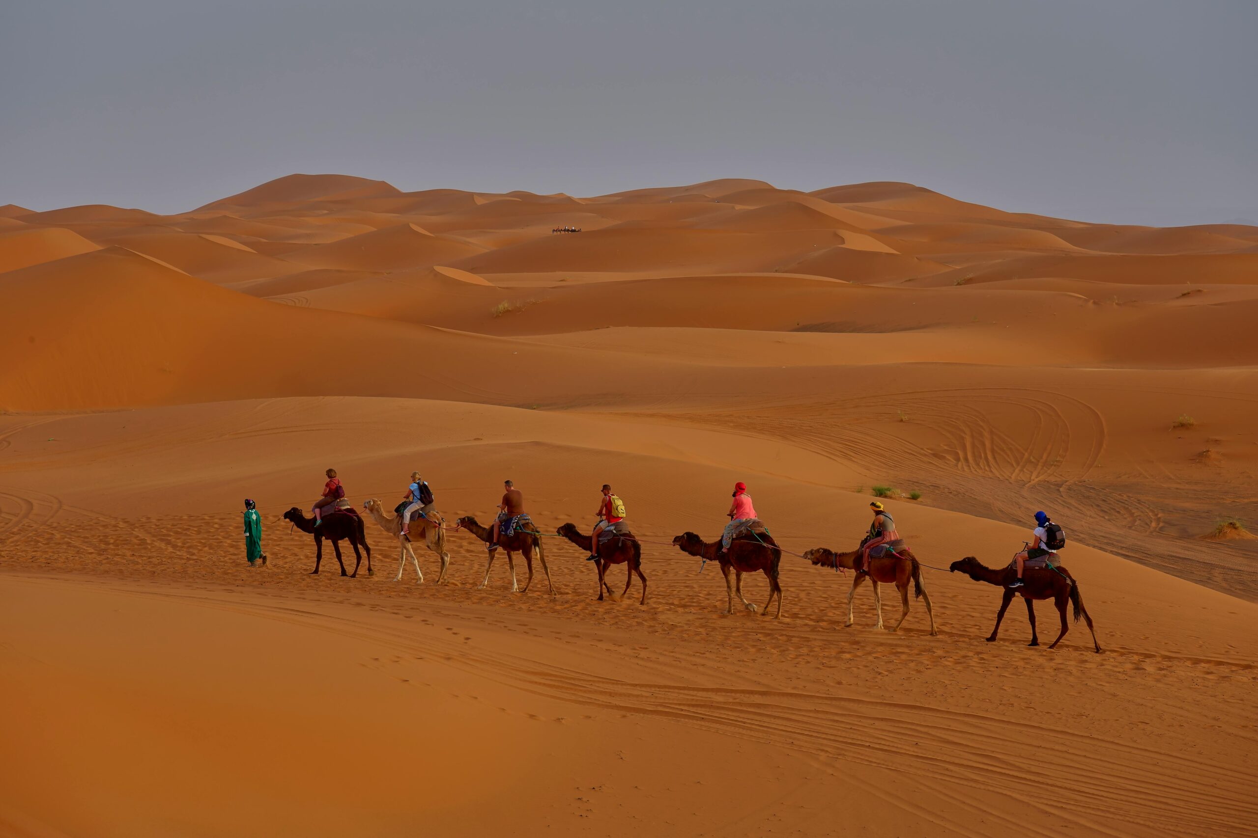 desert landscape with people riding across on camels