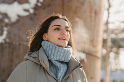 A woman standing outside wearing a thick turtle neck jumper and a coat