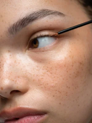 Close up picture woman with freckles applying eyelash serum to eyelashes