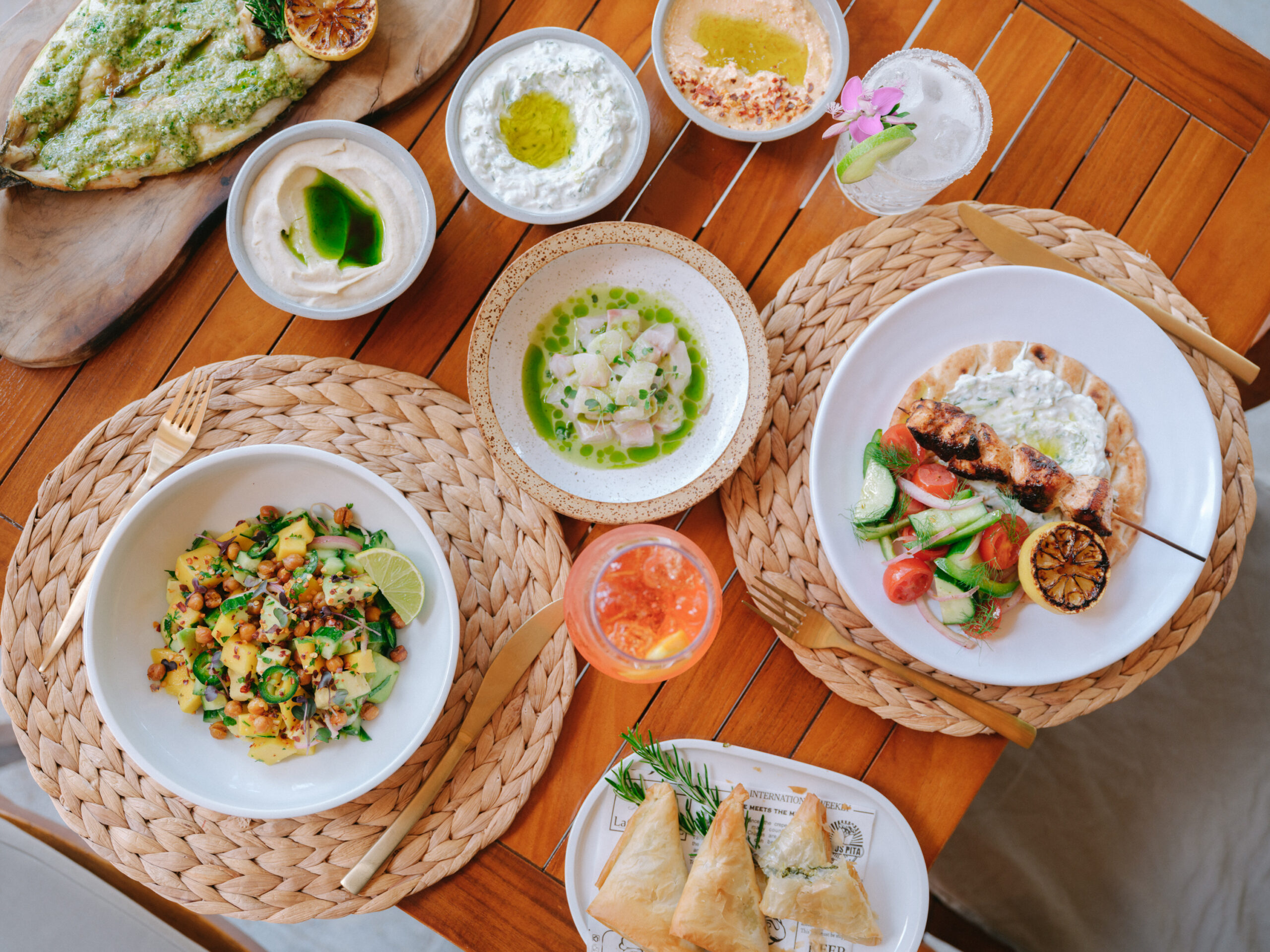 overhead view of table with plates of food
