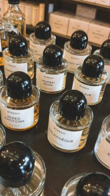 Close up image of Byredo perfumes in a store