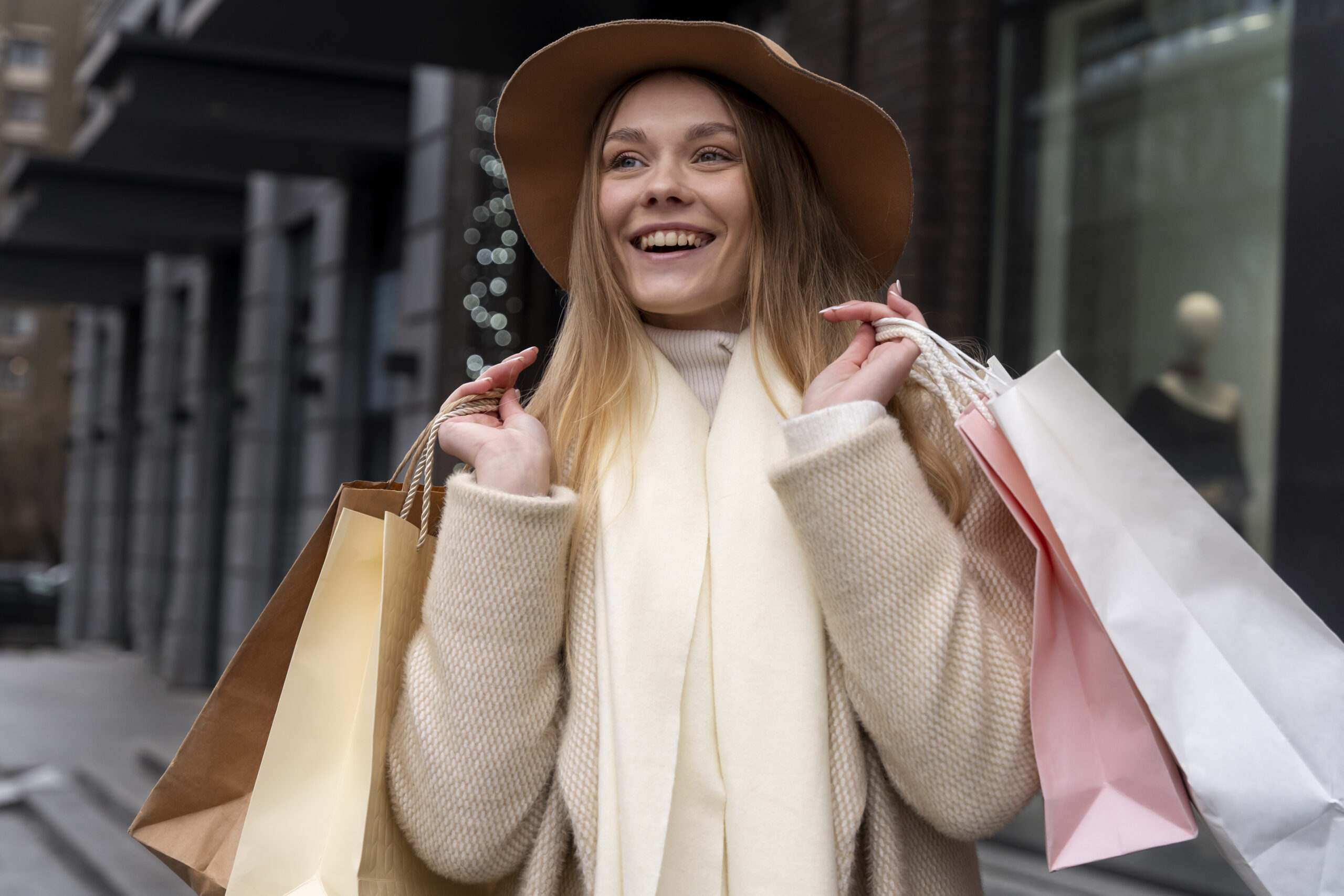 Woman smiles with shopping bags
