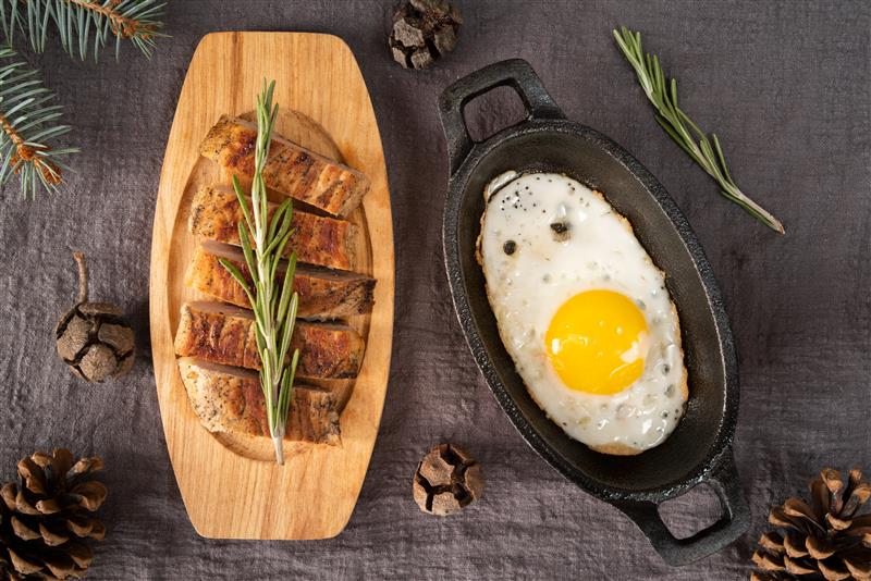 top view flat lay arrangement of steak and eggs
