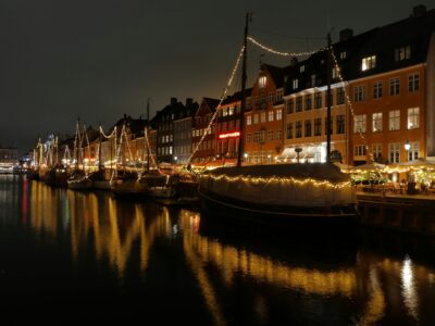 Nyhavn a Christmas with fairy lights on the buildings