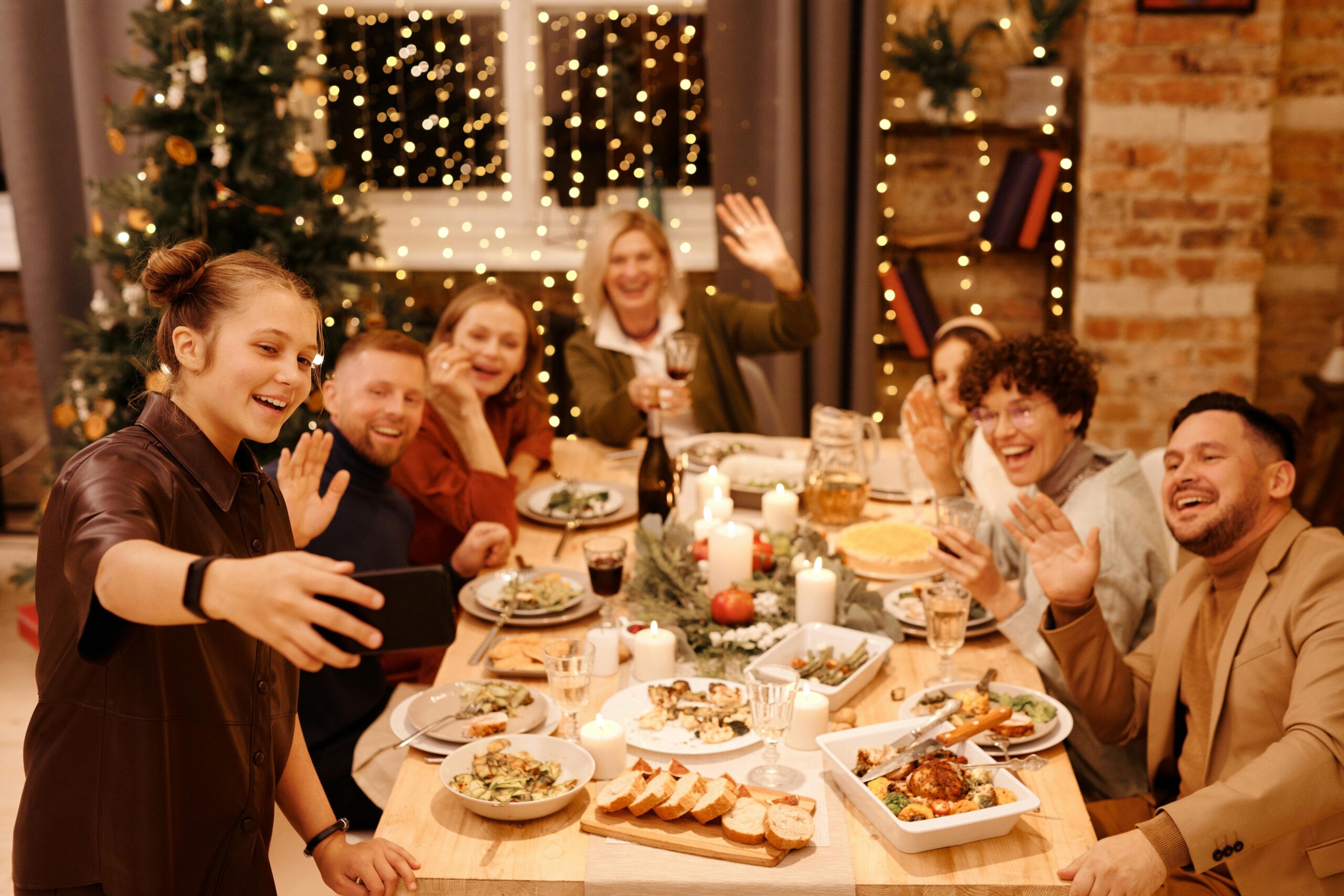 Friends take a selfie at a festive party