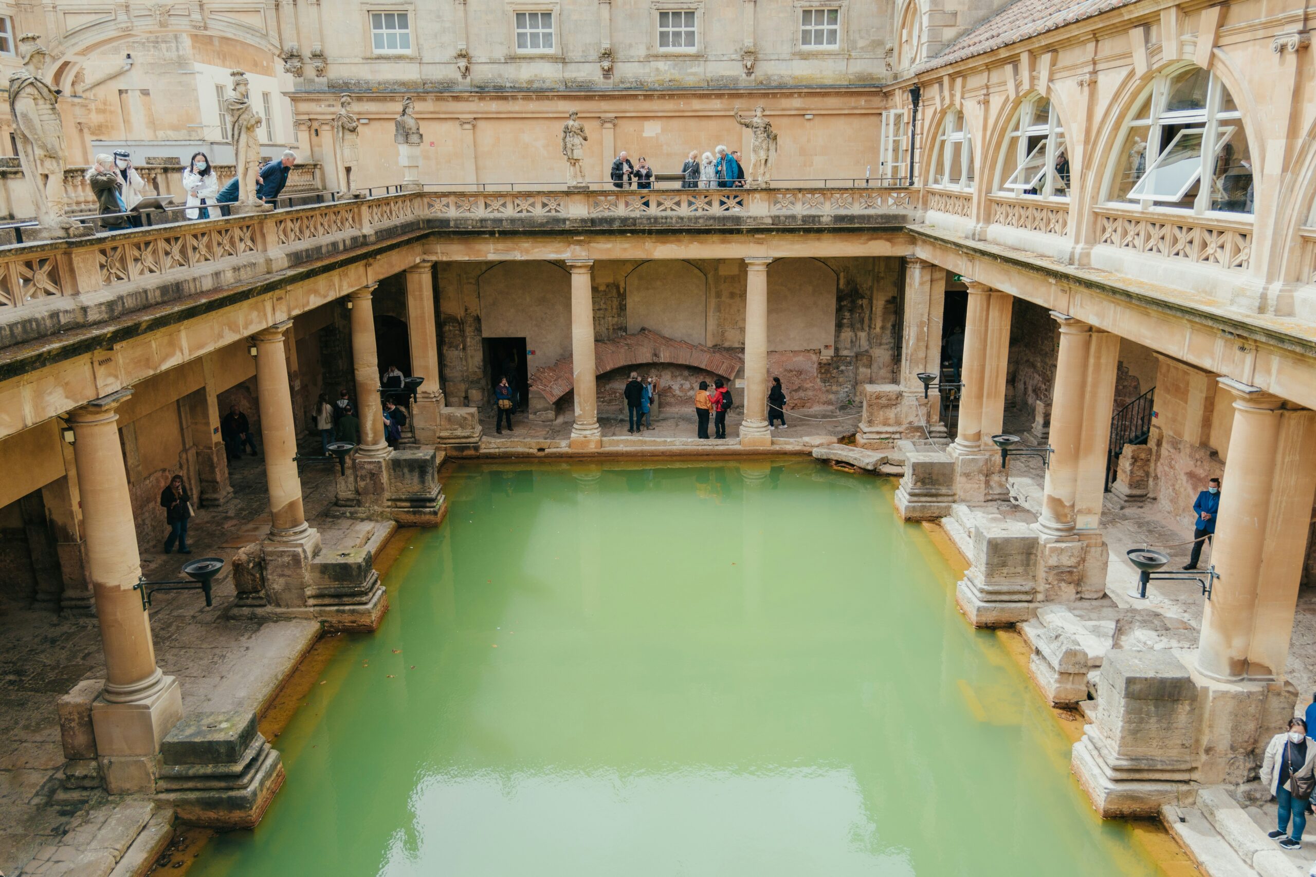 Diagonal above perspective of the thermal baths at Roman Baths Museum in Bath UK
