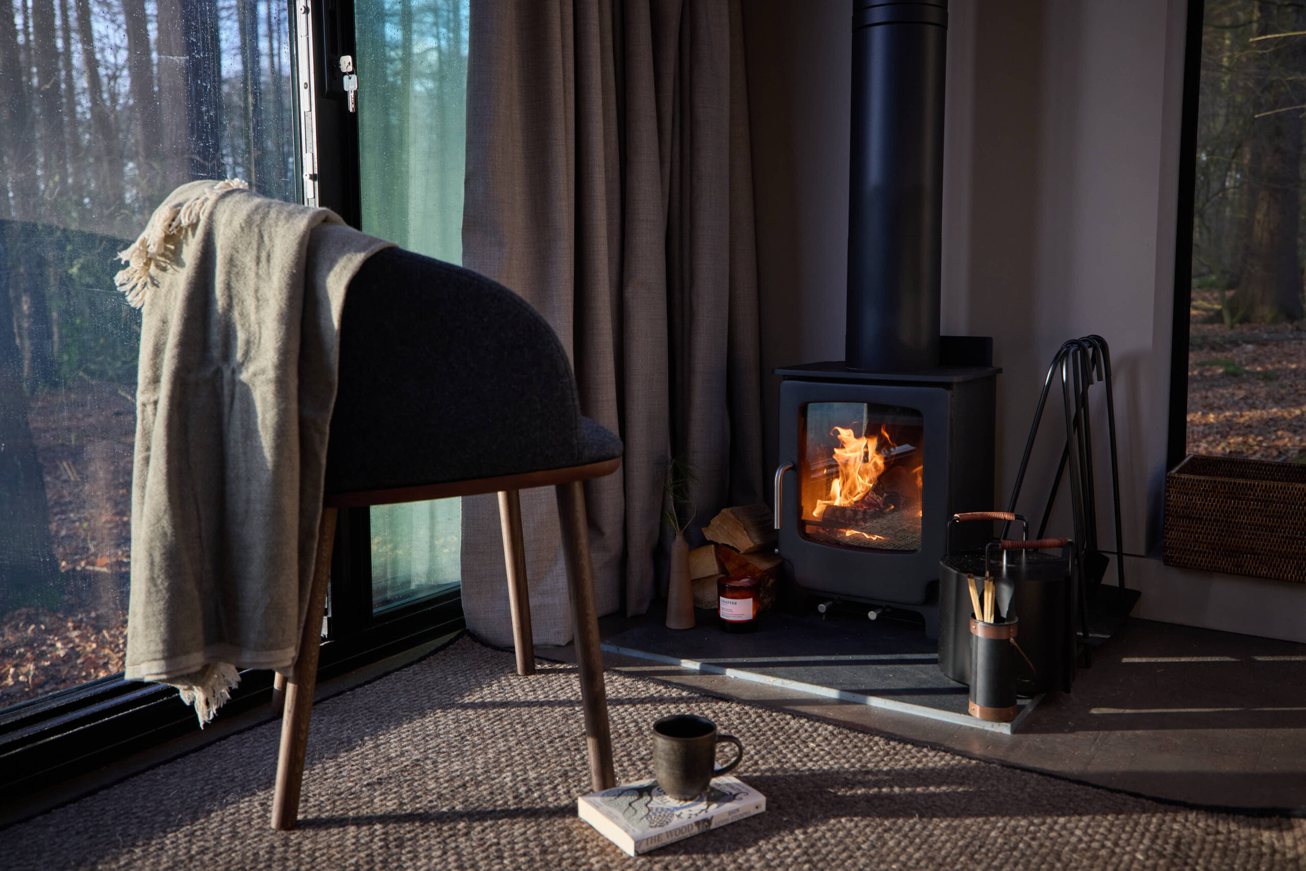 Chair by the fireplace in a cabin