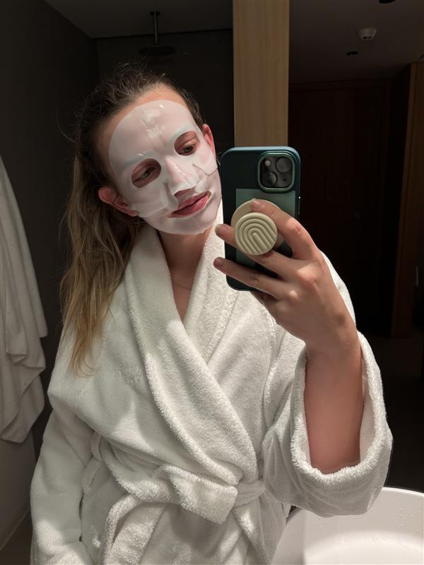 Evelyn Richards wearing a collagen face mask