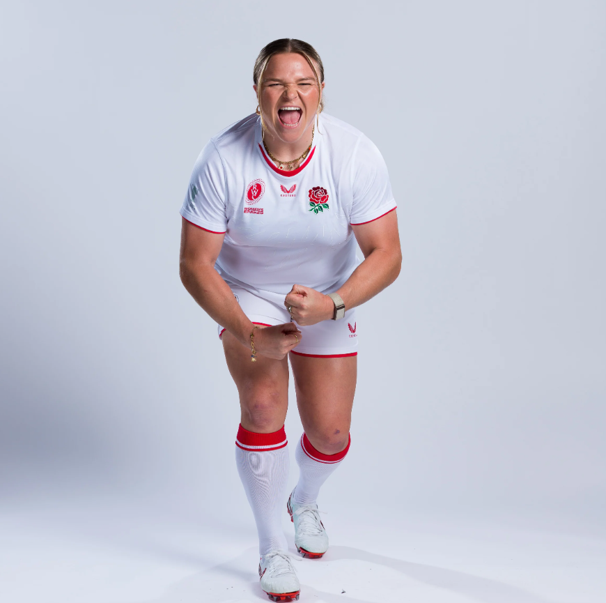 Sarah Bern poses in England rugby kit