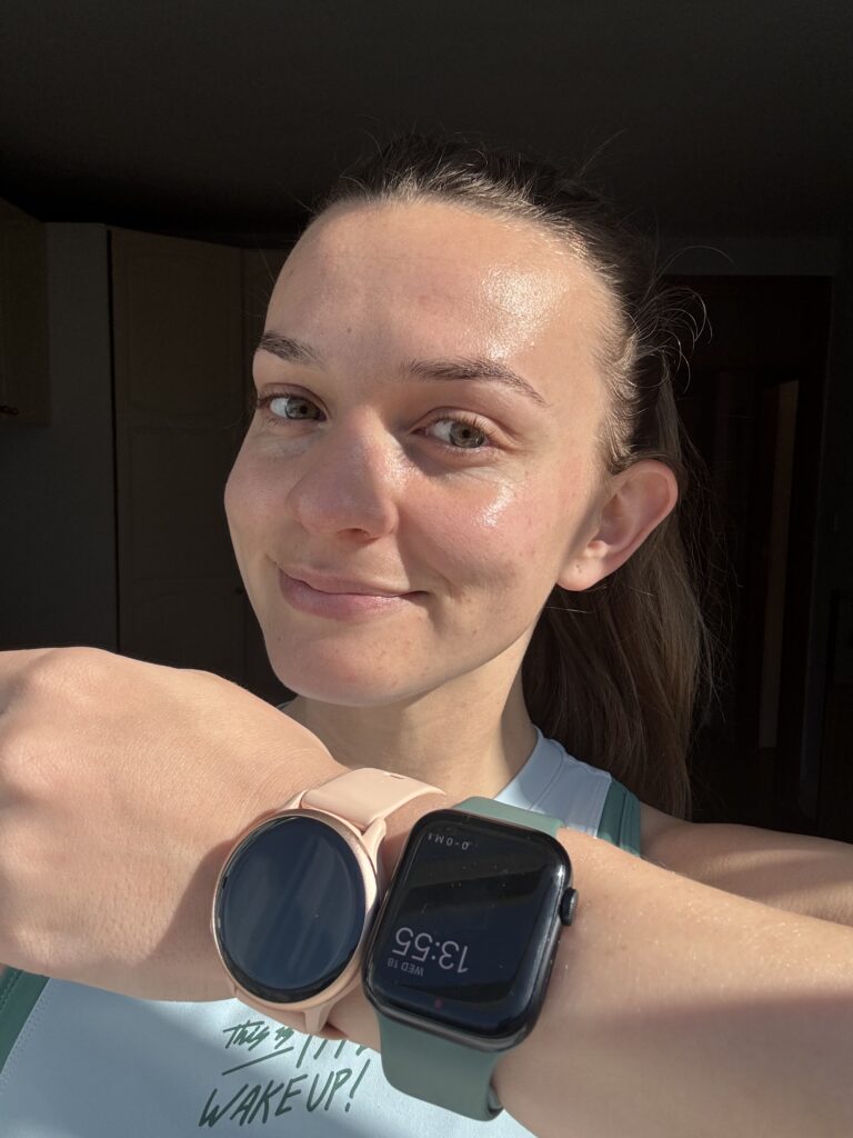 Evelyn wearing both the Garmin Vivoactive 6 and Apple Watch Series 9