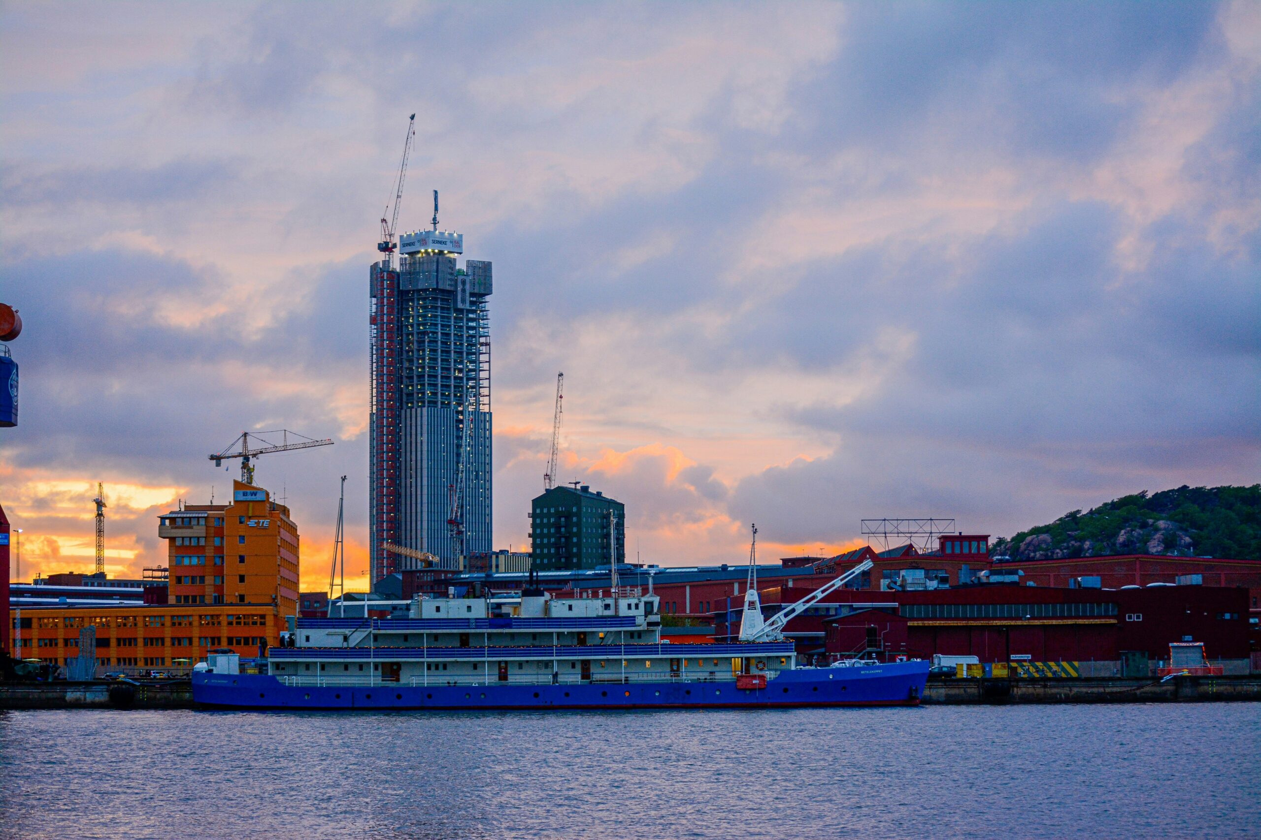 Gothenberg river with boats at sunset or dusk