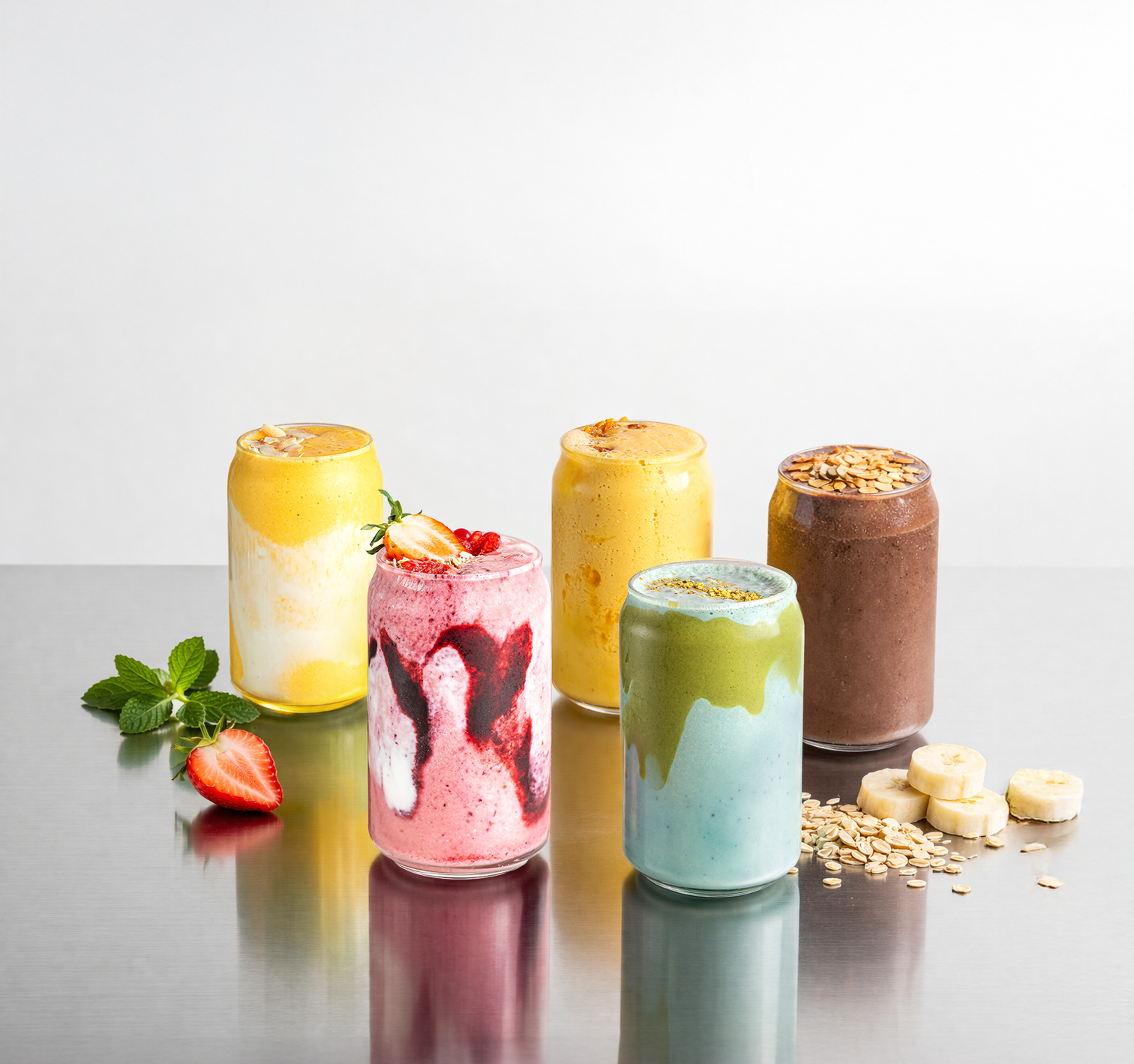 five colourful smoothies on a blurry reflective surface