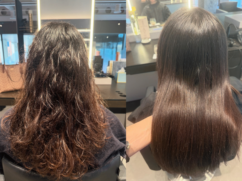 Before and after hair smoothing treatment