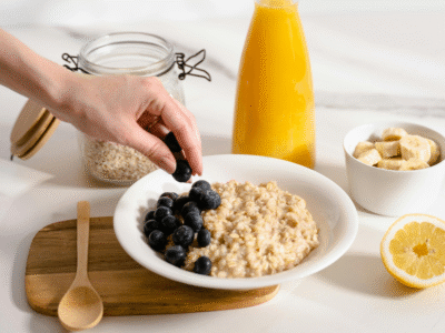 Hearty oats breakfast with orange juice and fruit