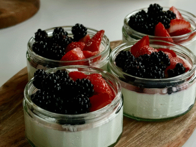 Yogurt and fruit in glass containers
