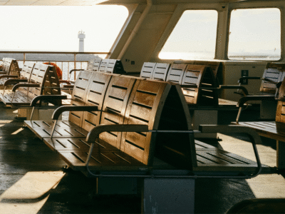 Seats on a ferry at sunset