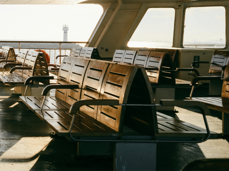 Seats on a ferry at sunset