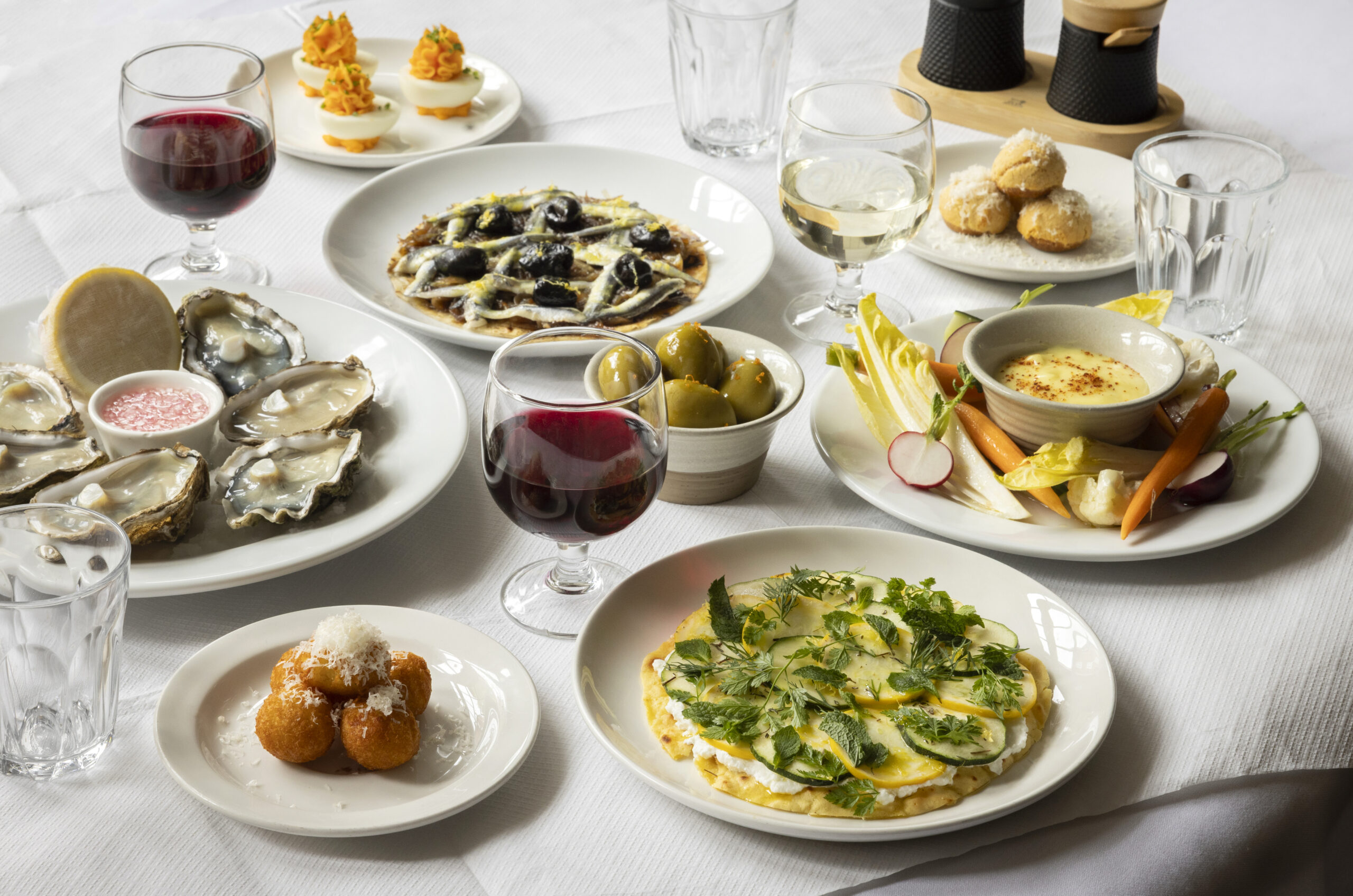 table spread French restaurant Bistro Sable oysters wine 