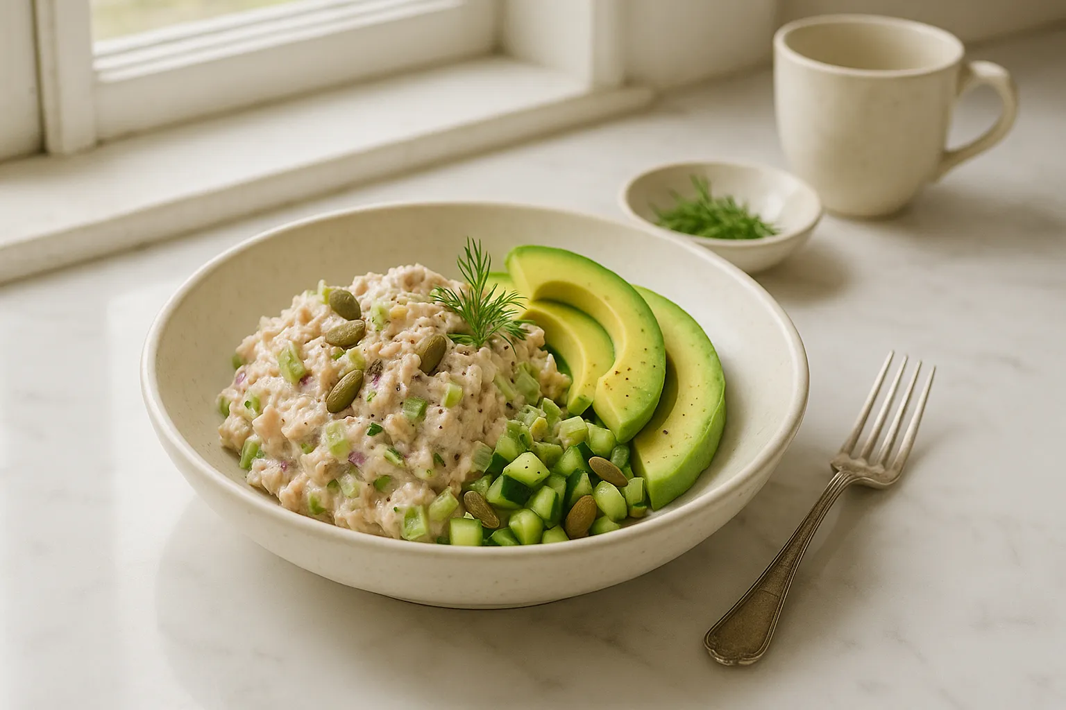 cream marble table with bowl of tuna crunch avocado and cucumber