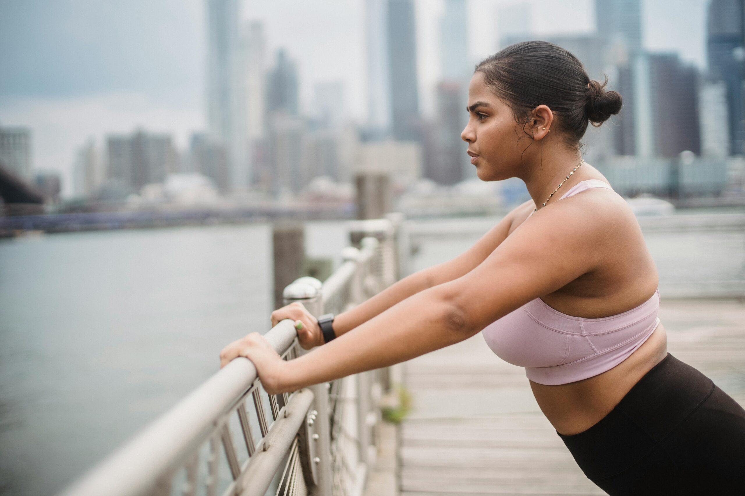 Woman wears a sports bra while exercising