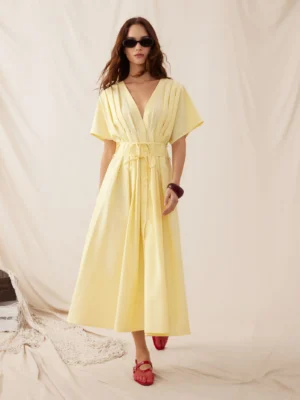 Linen-blend V-Neck Pleated Knotted A-Line Dress summer dress cider