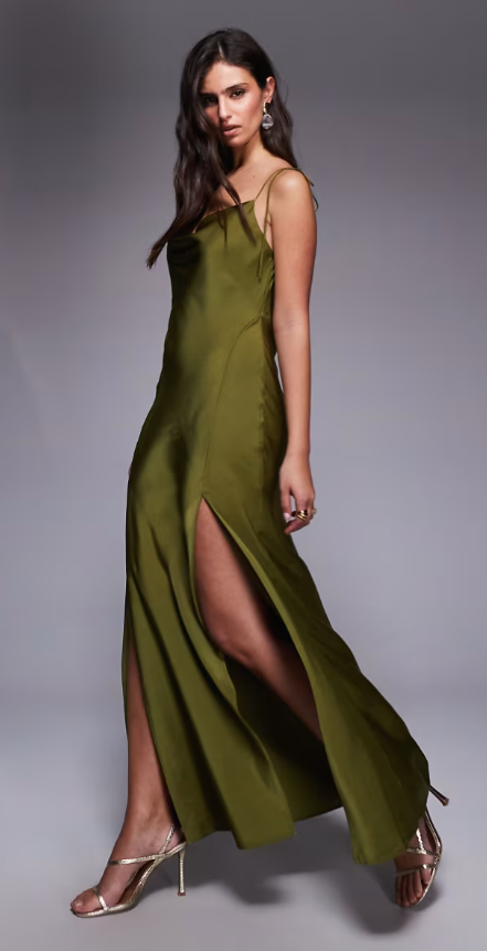 Asos Design Satin Tie Strap Maxi Dress with Split Detail
