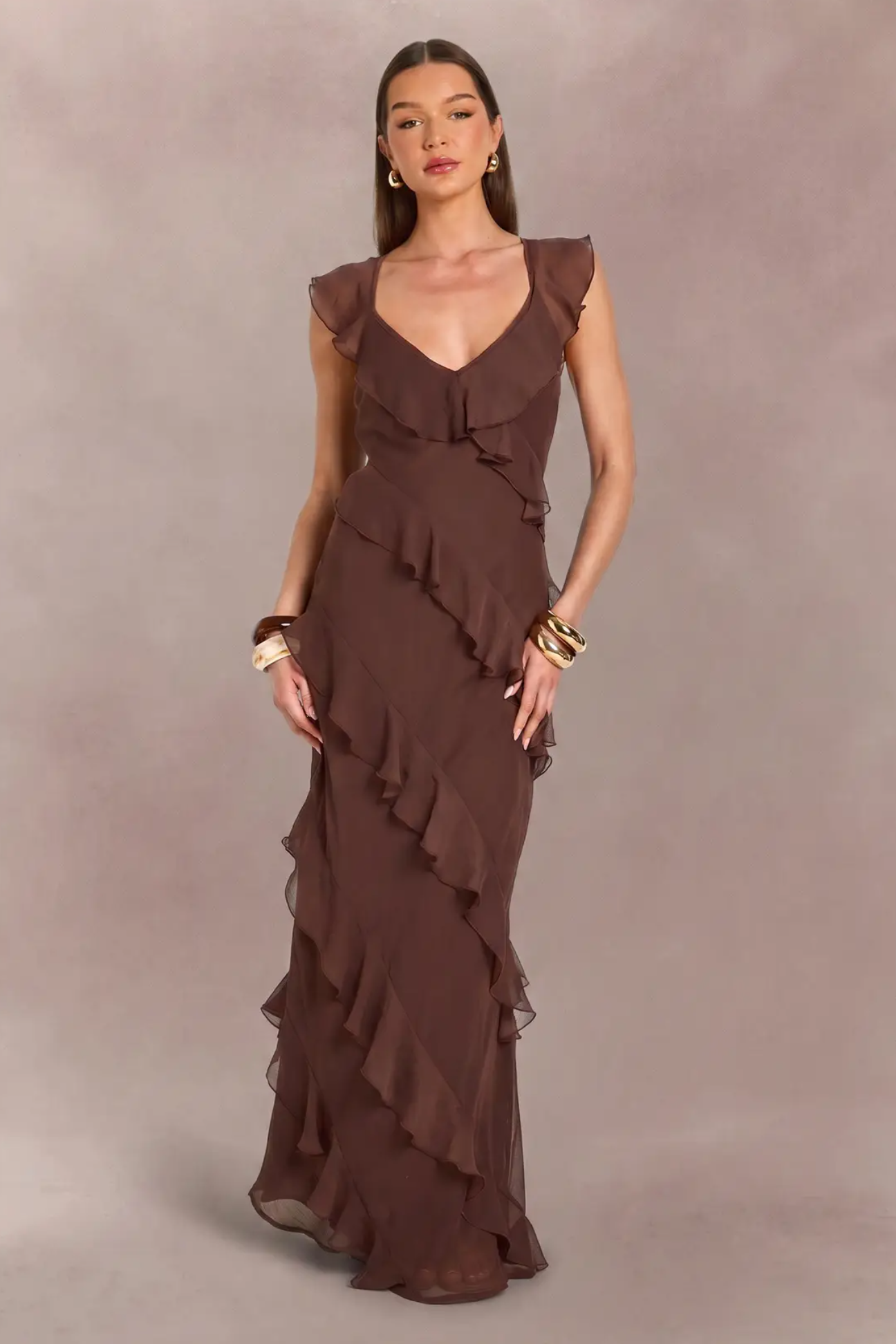 Boohoo Tonal Chiffon Ruffle Detail Backless Maxi Dress