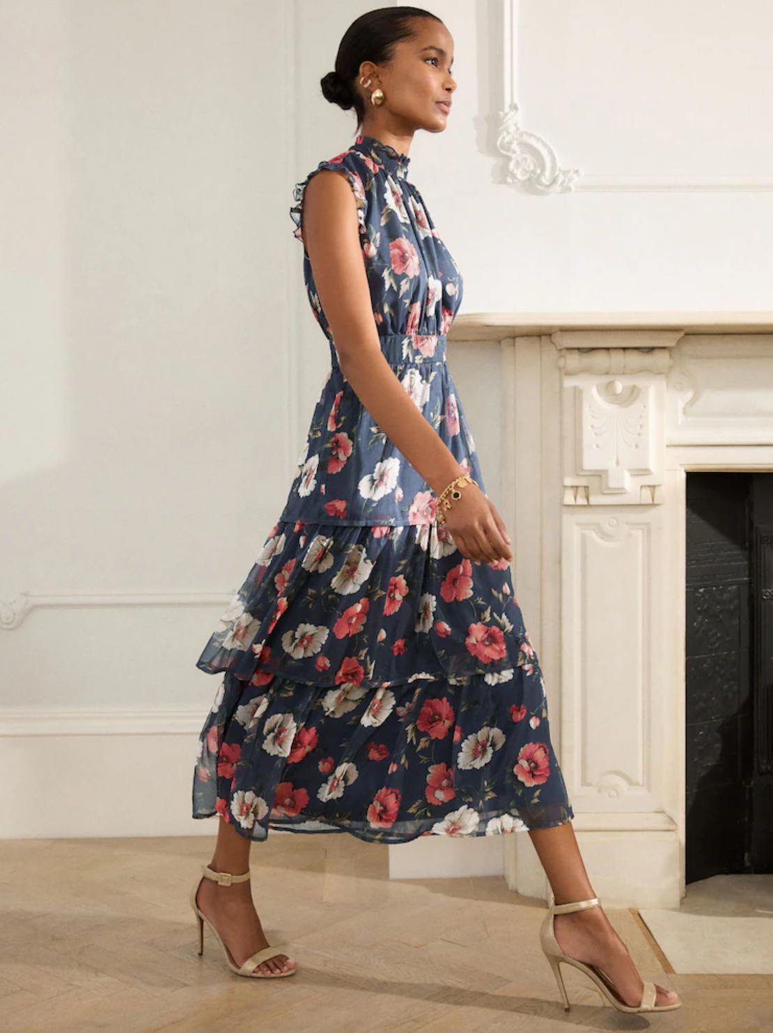 Next Navy Blue Floral Printed High Neck Tiered Occasion Maxi Dress