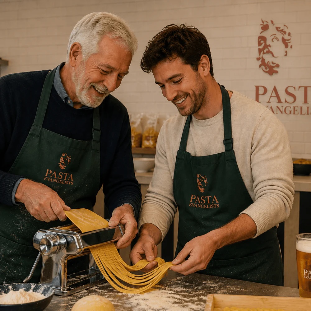 A father and son making pasta together at Pasta Evangelists