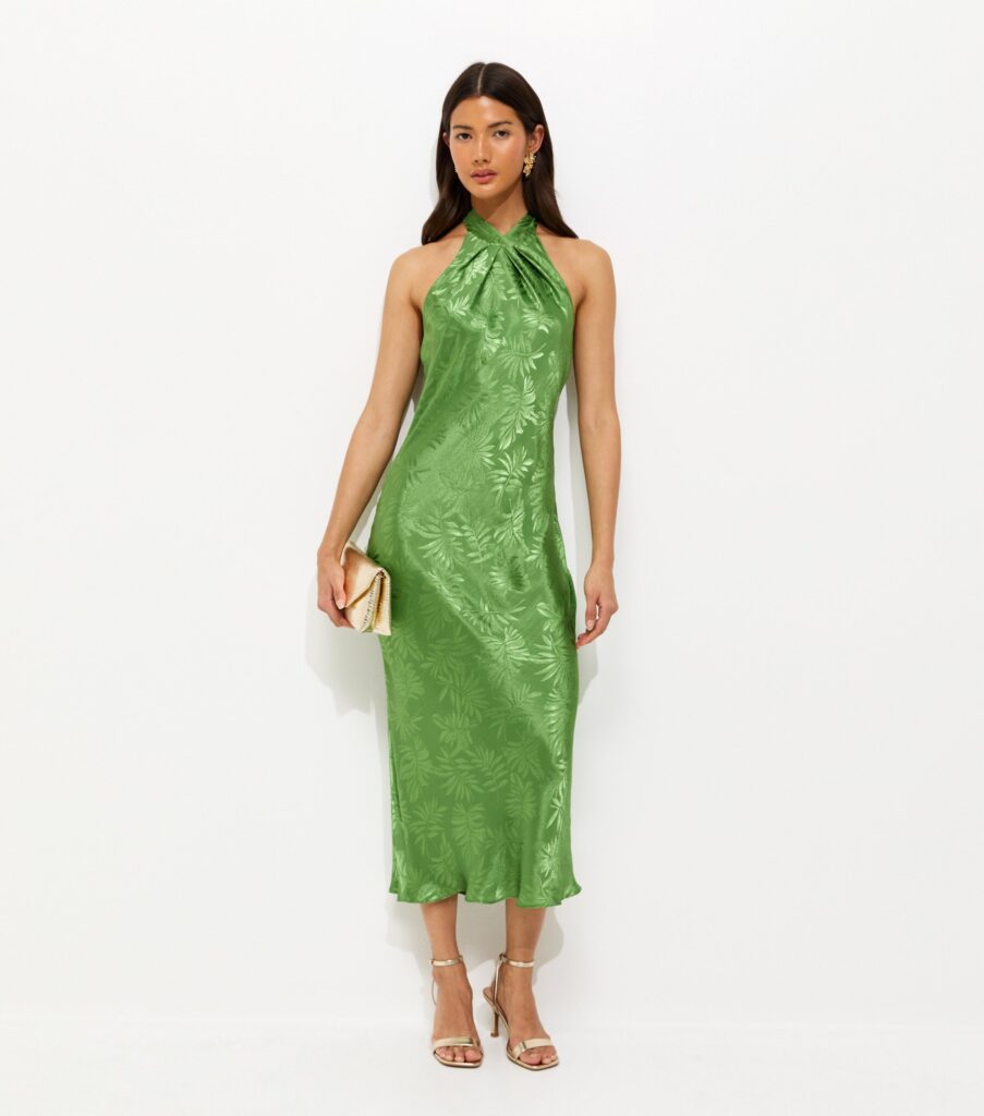 New Look Palm Leaf Jacquard Halter Neck Maxi Dress