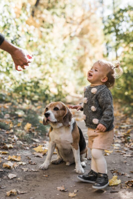 Small girl smiling with a beagle dog