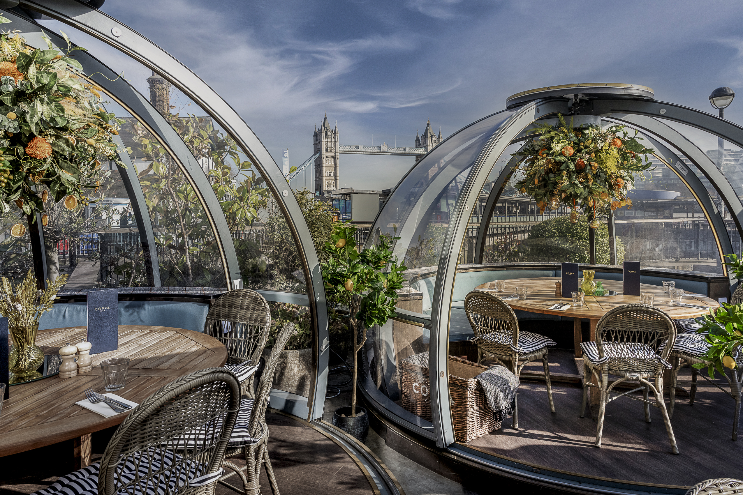 Transparent riverside igloo pods at Coppa Club Tower bridge brunch