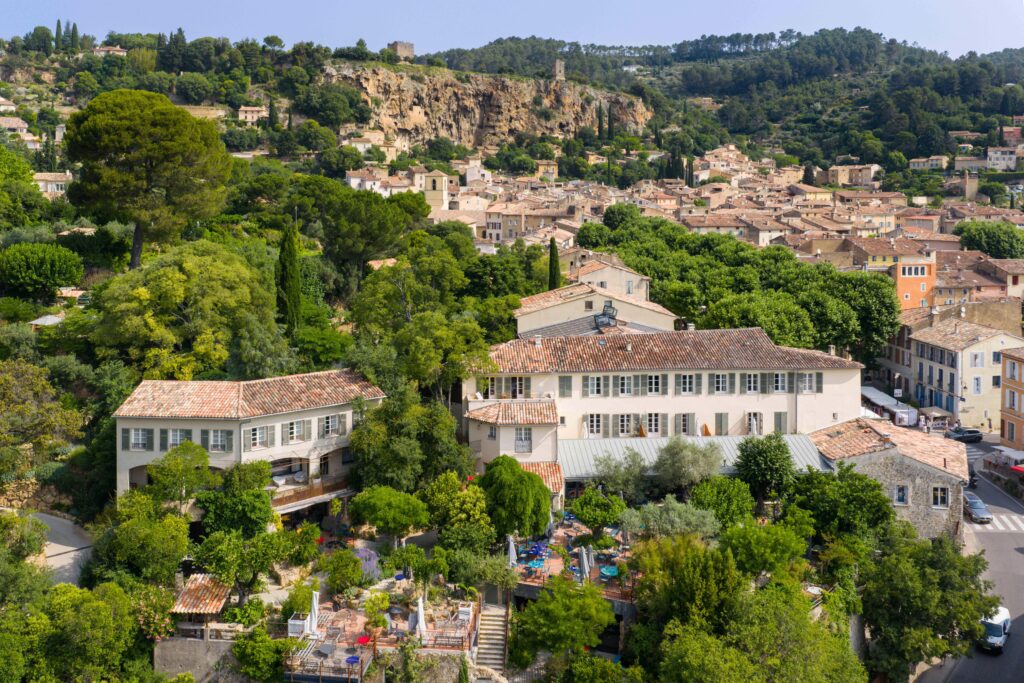 A drone shot of Cotignac, France