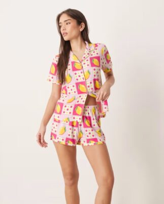 Urban Threads jersey revere top and short pyjama set in pink and yellow lemon print