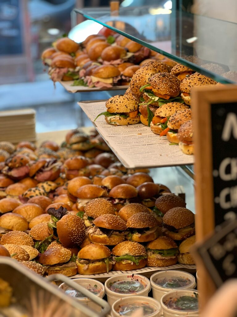 Lunchtime sandwiches rolls and buns at a cafe bakery shop