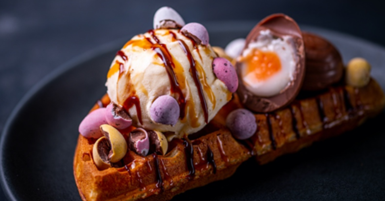 An enticing closeup of Dirty Bones’ legendary Creme Egg Waffle.