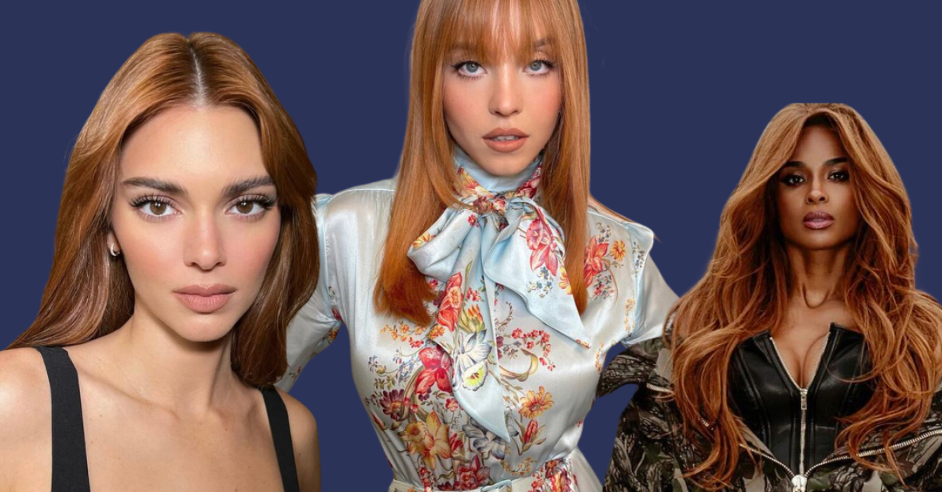 Three celebrities with copper hair against a blue background: Kendall Jenner, Sydney Sweeney and Ciara