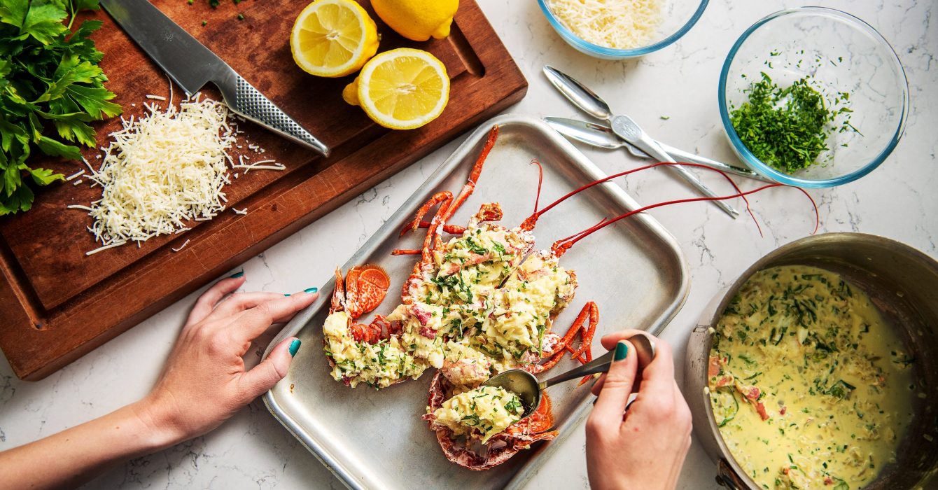 Lobster and shellfish course at Rick Stein's Cookery School.