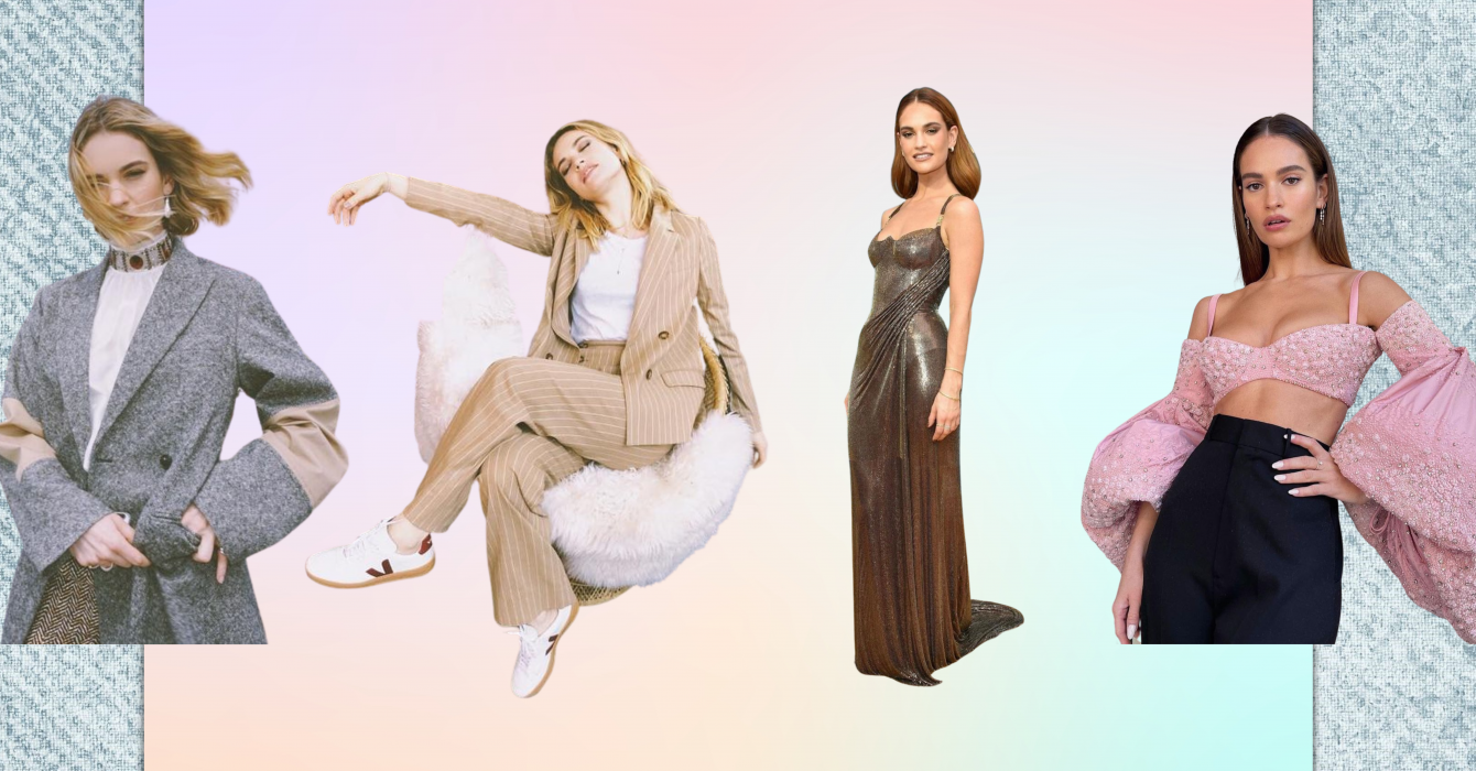 An illustration of Lily James in 4 different outfits against a pastel-coloured background.