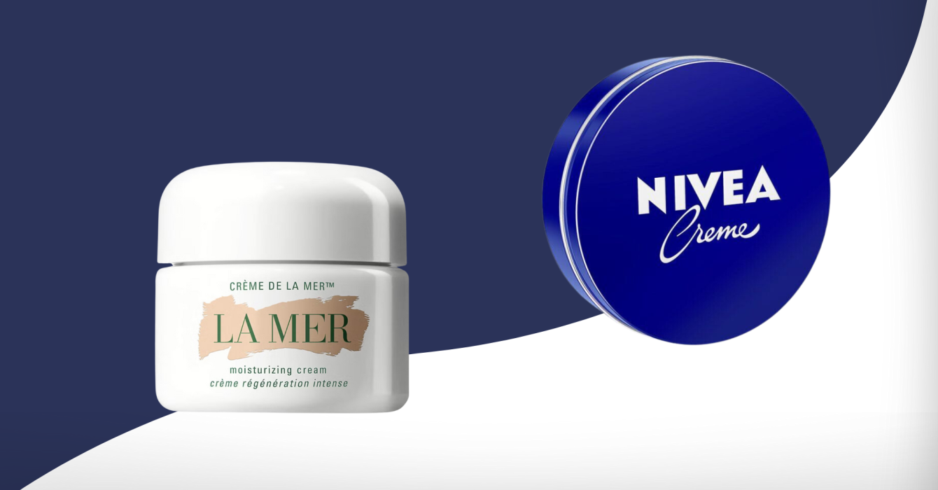 La Mer Creme and Nivea Creme in front of a white and blue background