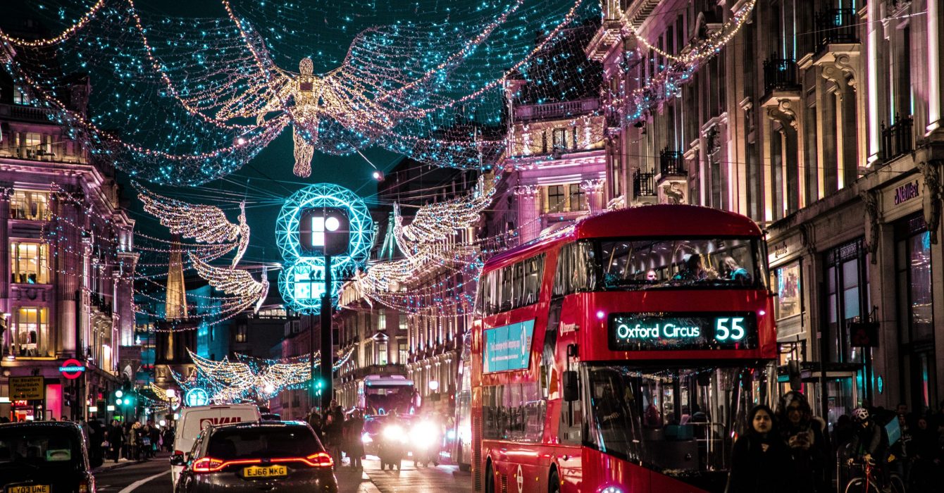 Above the hectic traffic, the Oxford Street Christmas Lights light up the night.