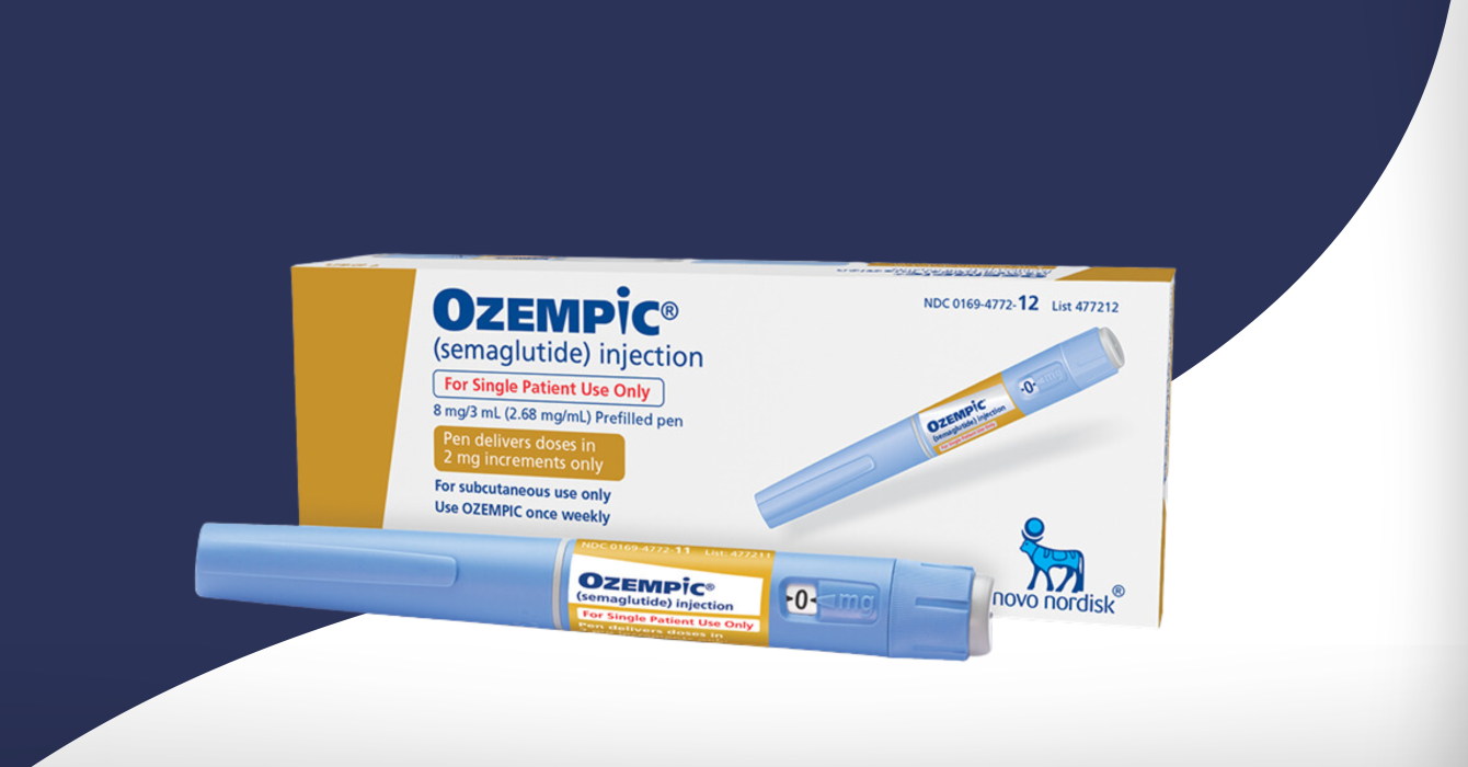 Vial of Ozempic against blue and white background