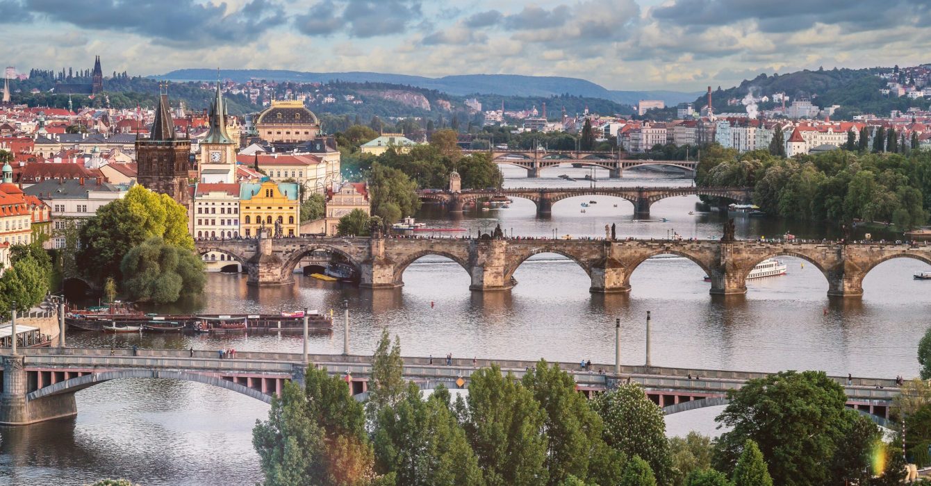 Aerial view of the bridges of Prague in the morning light.